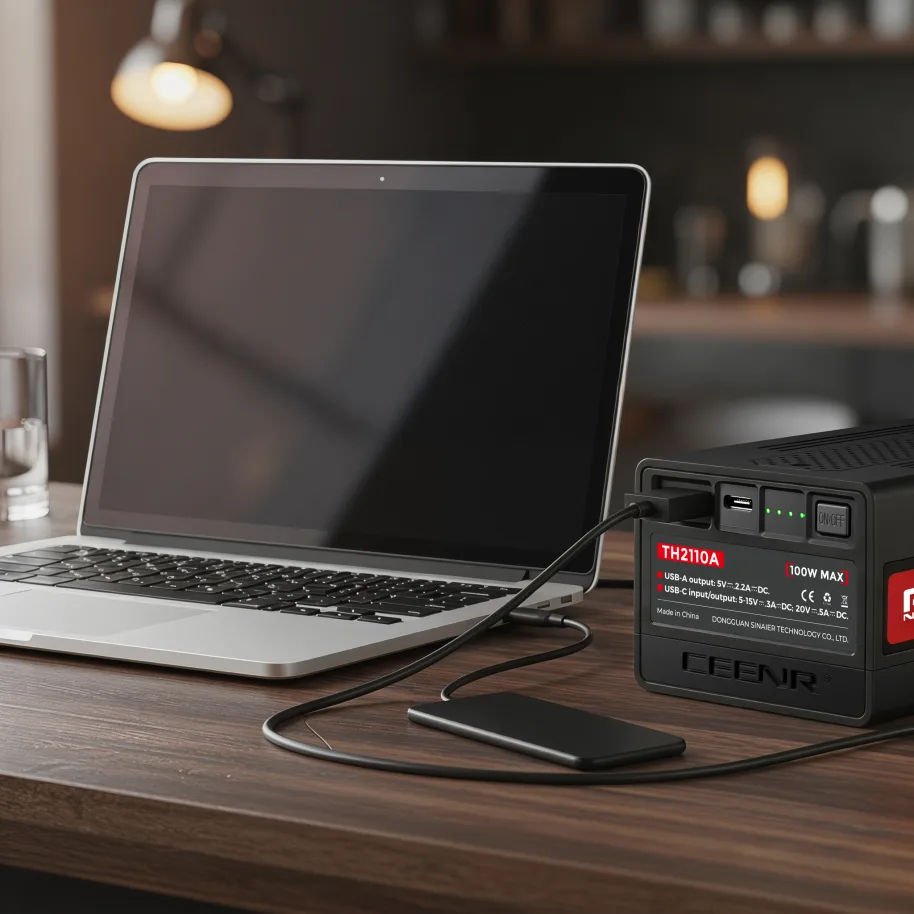 PDnation Pro charging a MacBook Pro via USB-C on a cafe desk